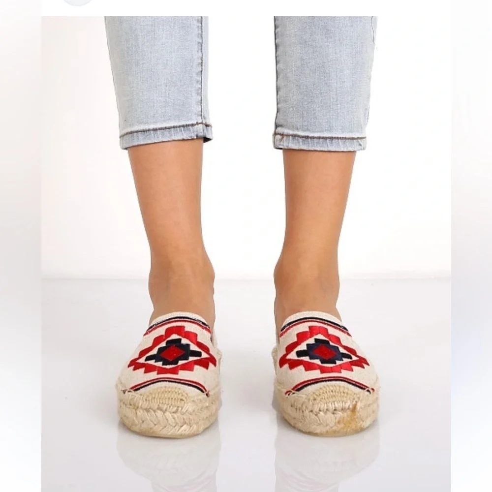 Soludos Boho Embroidered Platform Espadrilles Flats Driving Shoes Cream Red 7